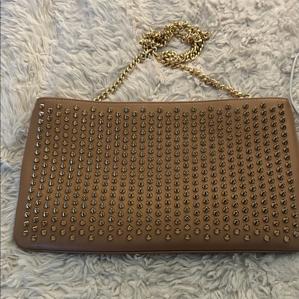 Christian Louboutin Nude/Tan Spike-Stud Chain Clutch